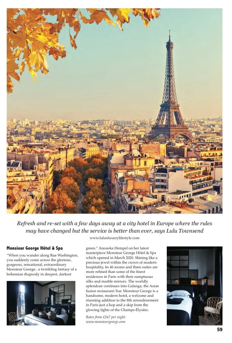 Top European City Escapes, boutique hotel Monsieur George, Paris