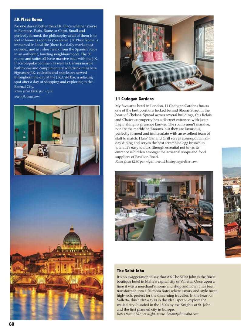 Top European City Escapes, JK Place Roma, 11 Cadogan Gardens and The Saint John, Malta
