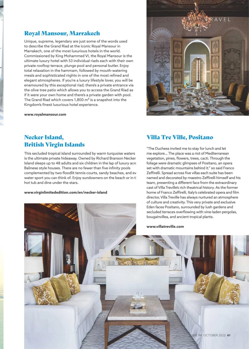 Places to stay that are out of this world, Royal Mansour, Necker Island and Villa Tre Ville