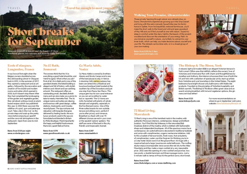Bury & West Suffolk, September 2022, Short Breaks travel pages