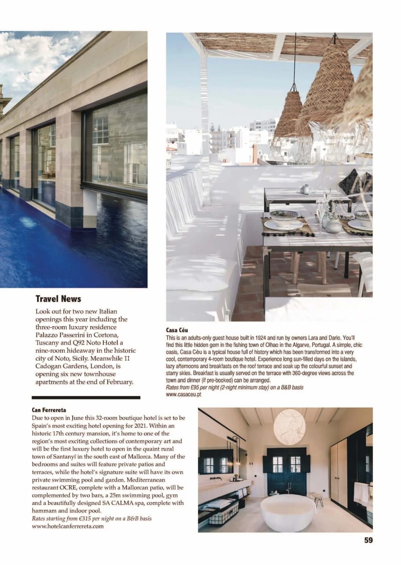 Travel News, Casa Cêu, Algarve, and Can Ferrereta, Mallorca, with Palazzo Passerini and 11 Cadogan Gardens