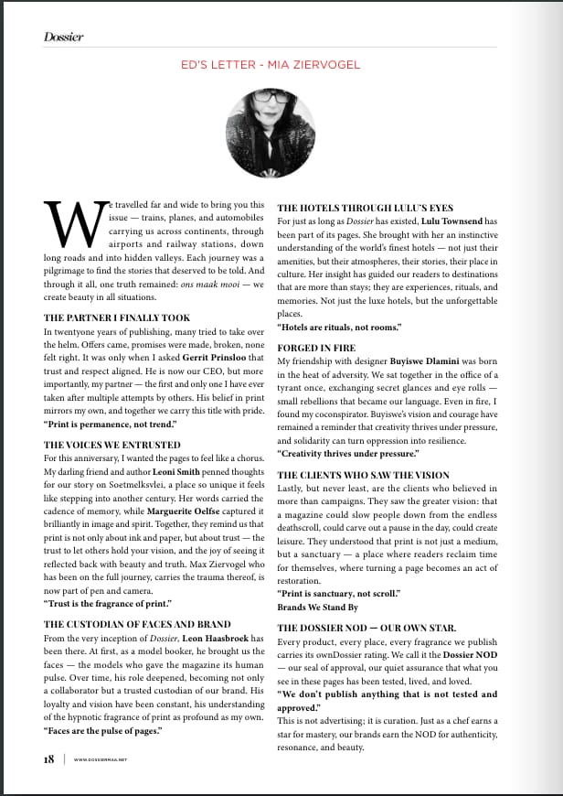 Dossier 2026, Ed’s letter by Mia Ziervogel, with a section on the hotels through Lulu’s eyes