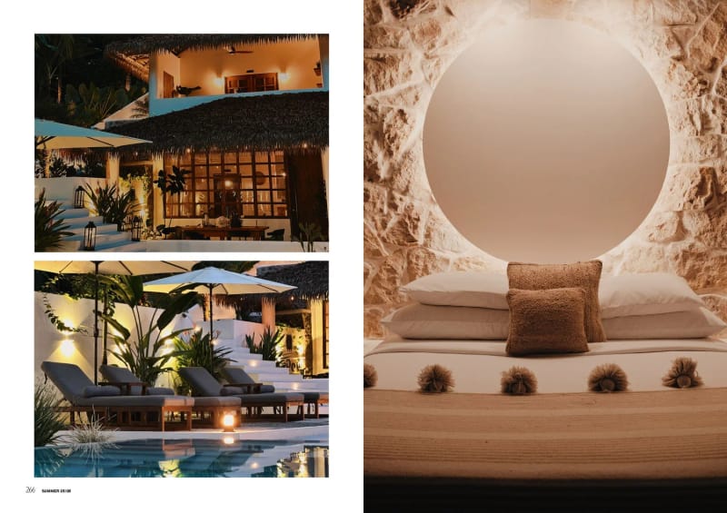 Dossier Man 2025, Costa Rica, bedroom, lit balcony and poolside scene at sunset
