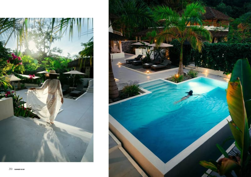 Dossier Man 2025, Costa Rica, luxury tropical pool area at sunset