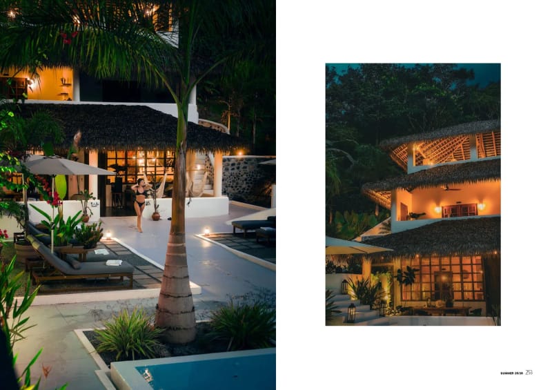 Dossier Man 2025, Costa Rica, night-time view of a tropical resort pool amid thatched-roof buildings