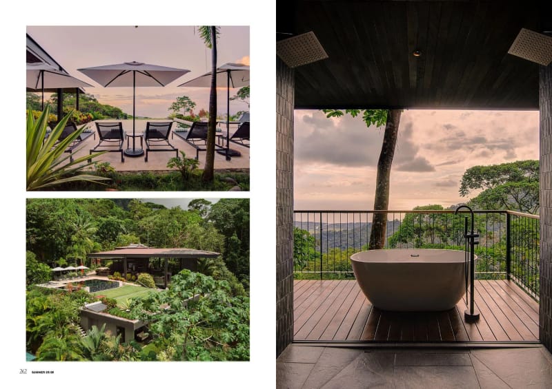 Dossier Man 2025, Costa Rica, outdoor spaces amid lush greenery, poolside at sunset