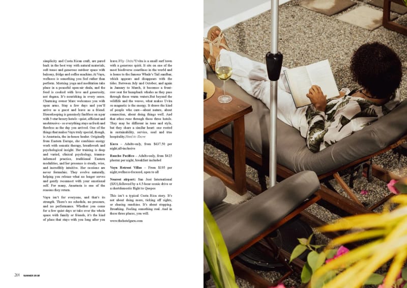 Dossier Man 2025, Costa Rica, reading on a lounge chair with a glass of white wine