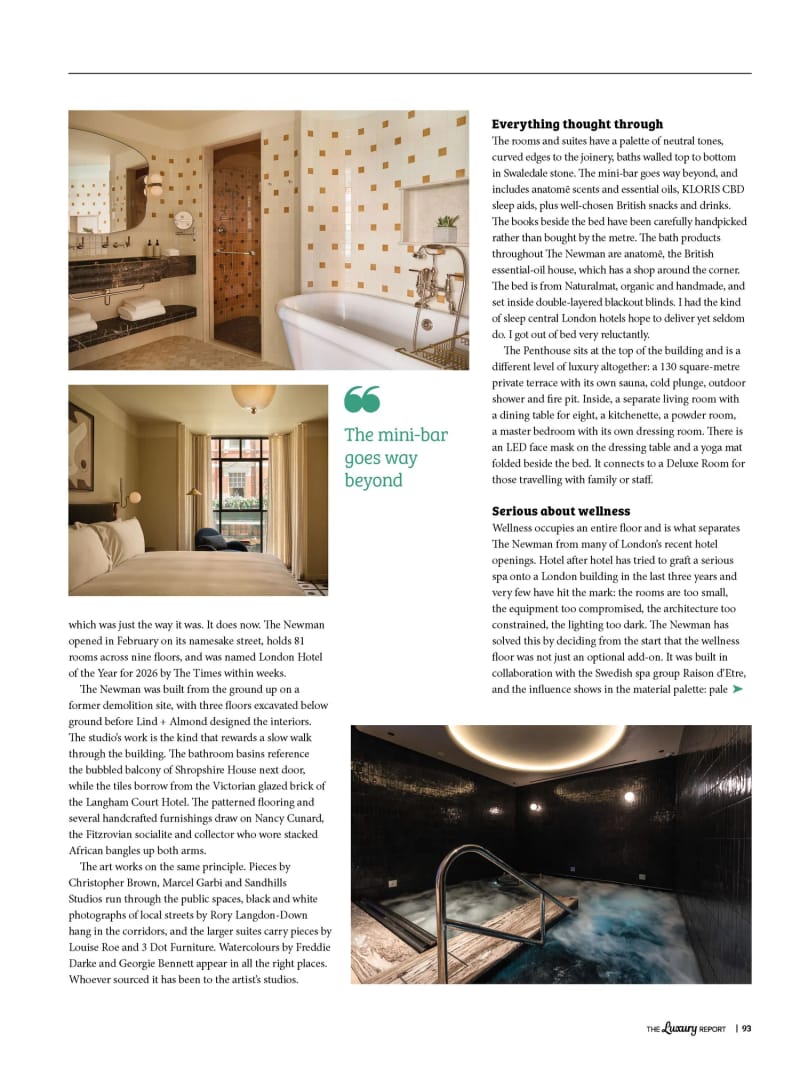The Luxury Report, Summer 2026, The Newman, London, second page of the feature