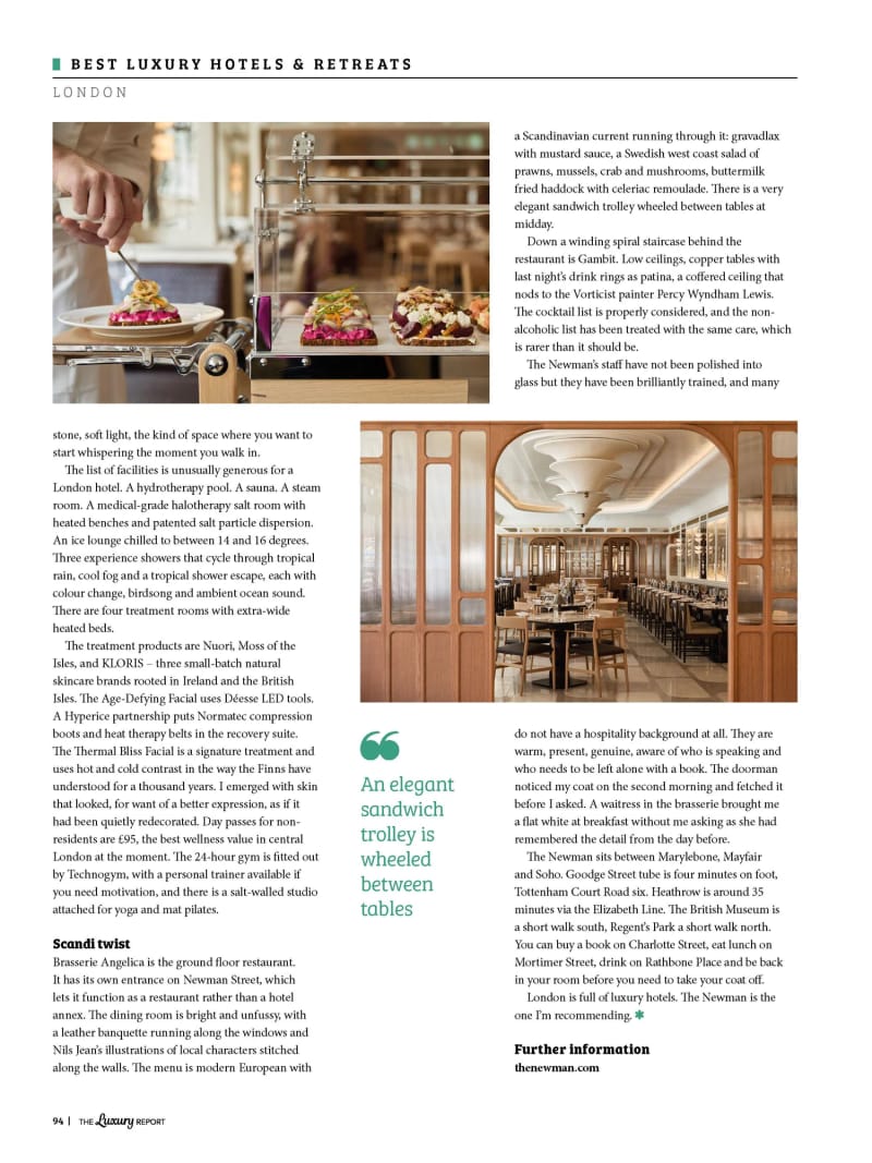 The Luxury Report, Summer 2026, The Newman, London, third page of the feature