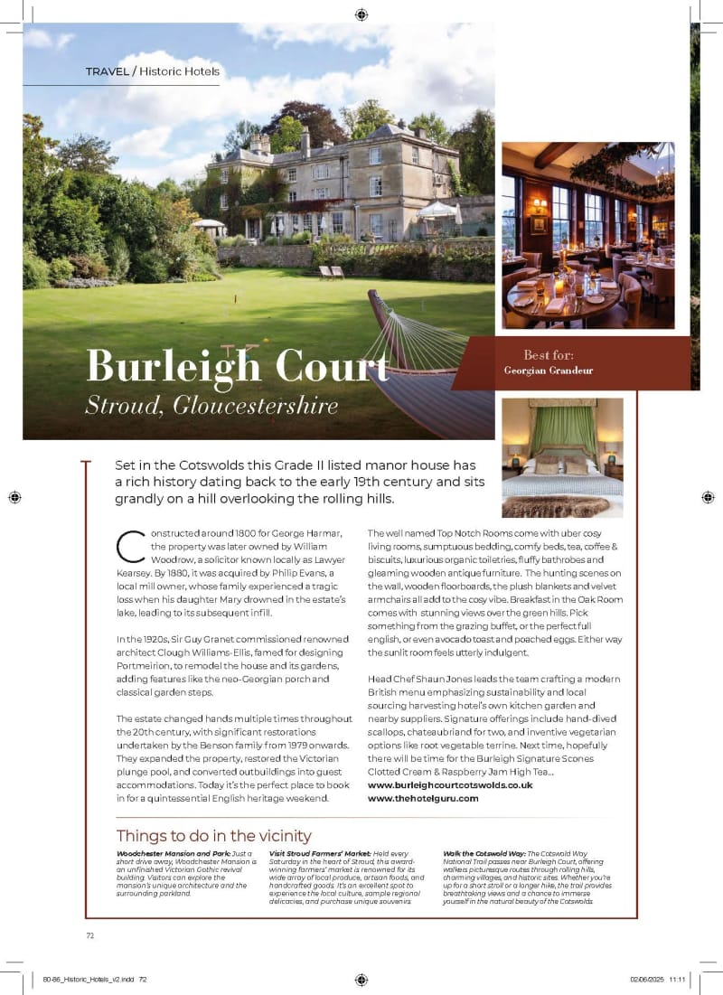 Wherever magazine, Heritage Hospitality, Burleigh Court, Cotswolds