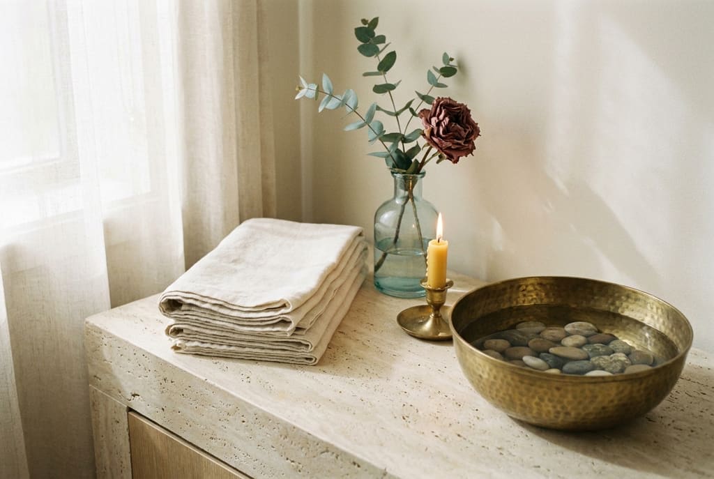 A boutique-hotel spa corner, folded linen, eucalyptus, a candle and a brass bowl in soft window light.