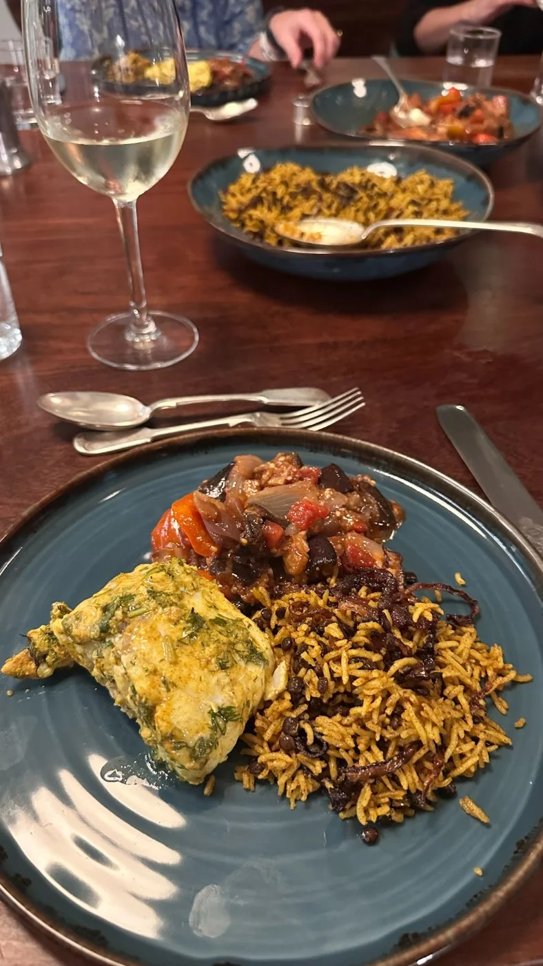 Supper of fish, rice and stew